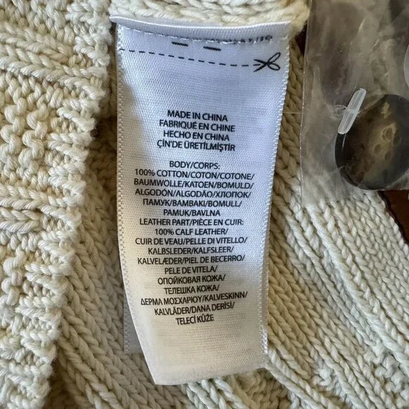 NWT Polo Ralph Lauren Cream 100% Cotton Cable Knit Leather Trim Button Sweater M - Picture 7 of 10